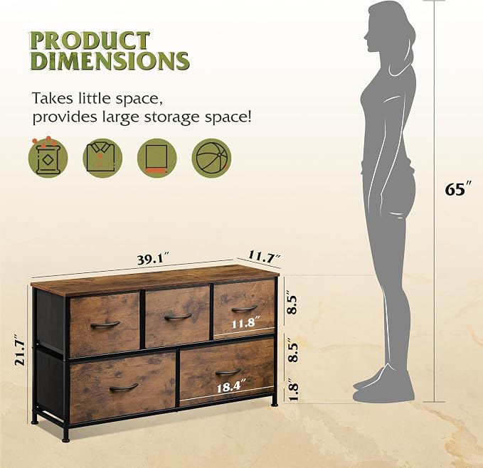 WLIVE Wide Dresser for Bedroom, 5 Drawer Chest of Drawers, Rustic Brown | 5 roomy fabric drawers, Wide storage design, Bedroom or closet use, Sturdy steel frame, Smooth wood tabletop