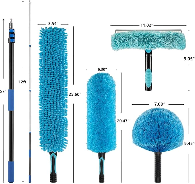 20ft 2 Cobweb Dusters, 12ft Extension Pole, High Ceiling Cleaning Tool | Fan Cleaner , 3-in-1 Window Squeegee Kit, Heavy Duty, Household Cleaning Gloves