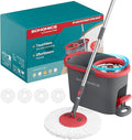 SONGMICS Spin Mop and Bucket Set with Pedal Wringer, Floor Cleaning Mop, Adjustable Telescopic Handle, Max. 59.1-Inch Length, 360° Rotating Head, 4 Microfiber Pads, Gray and Red ULMB002GT04