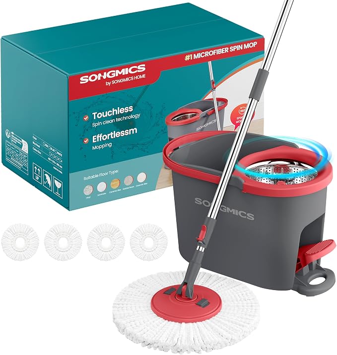SONGMICS Spin Mop and Bucket Set with Pedal Wringer, Floor Cleaning Mop, Adjustable Telescopic Handle, Max. 59.1-Inch Length, 360° Rotating Head, 4 Microfiber Pads, Gray and Red ULMB002GT04