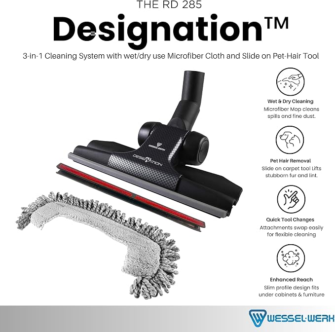 Wessel RD 285 Designation 3-in-1 Floor Brush Set, Pet Hair & Mop Tools | Includes slide-on pet hair/lint remover, microfiber wet/dry mop & universal adapter; ultra-thin dual-surface nozzle