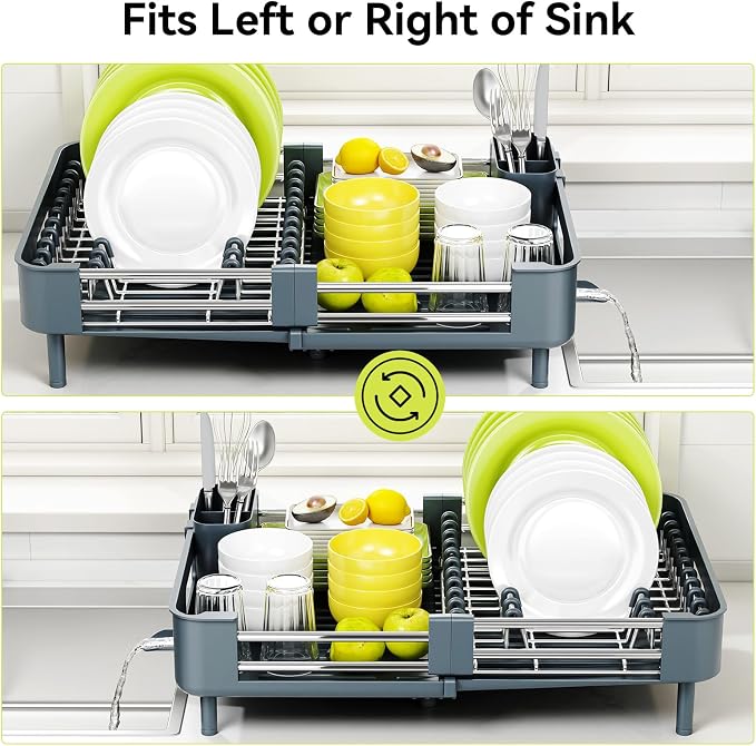 Urackify Stainless Steel Dish Drying Rack - Dish Drainer for Kitchen Counter, Extendable Drainboard with Foldable, Space-Saving Cup & Bowl Organizer, Includes Knife and Utensil Holder, Matte-Green