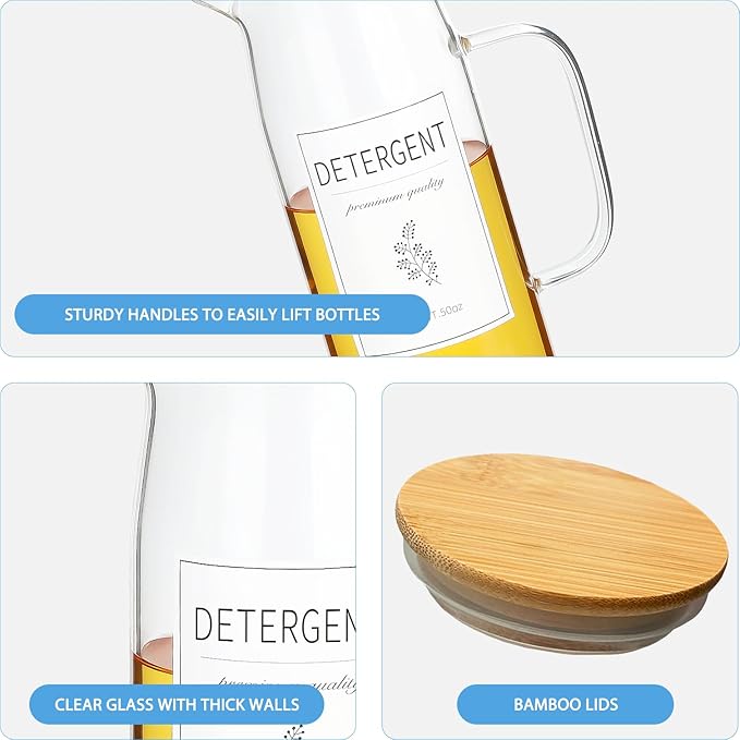 Laundry Detergent Dispenser Set with Bamboo Lids and Handles - Easy Pour 2 Pack 50 oz Liquid Laundry Containers for Laundry Room Organization and Storage