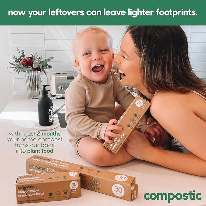Compostic Compostable XL Sandwich Bags (180 + 20 Count) Bulk Pack — Resealable Zip-Seal, Plant-Based, Home Compostable, Freezer & Microwave Safe, BPA-Free, Non-Toxic, GMO-Free Food Storage Bag
