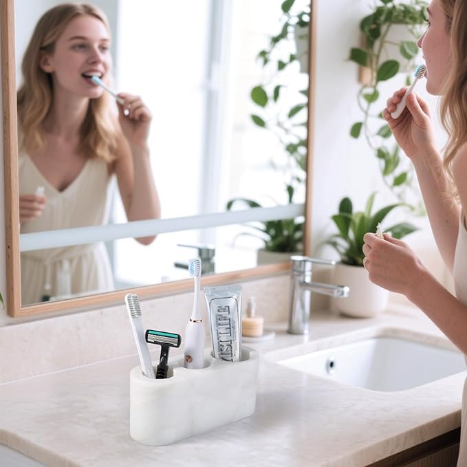 BCS Toothbrush Holder for Bathrooms, 3 Slots Marble Toothbrush Organizer, Makeup Brush Stand Toothbrush Storage Collection for Bathroom Countertop Vanity Organization - White