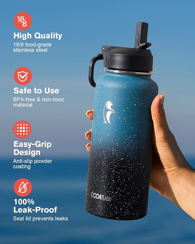 Coolflask Water Bottle 32 oz Insulated with Straw, Stainless Steel Metal 3 Lids Water Flask Wide Mouth for Sports or Office, Non-BPA Keep Cold Up to 48 Hrs or Hot Up to 24 Hrs, Turquoise