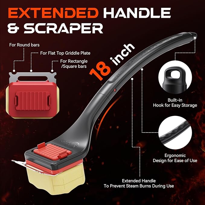 NEWKITCHEN Bristle Free Grill Brush with Scraper, Safe Steam Clean BBQ Grill Cleaner, Long Handle Replaceable Head Grill Cleaning Brush for Outdoor Grill