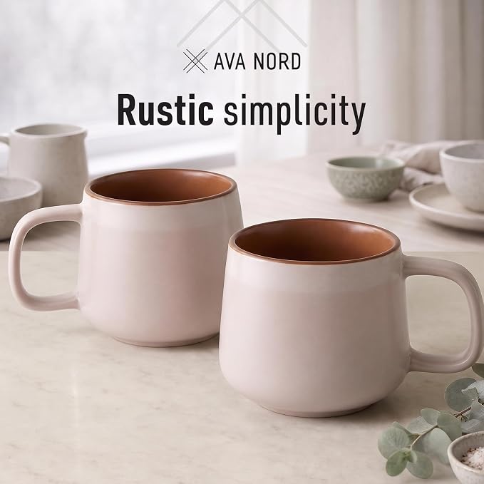 Ava Nord Large Stoneware Ceramic Coffee Mugs Set of 2 | 20 oz | Rose Sand | Lead-Free, Non-Toxic, Freezer - Microwave & Dishwasher Safe, Comfortable Handle, Aesthetic Nordic Design for Tea, Cocoa