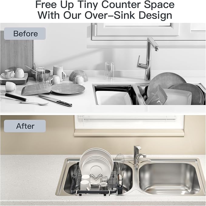 Grey Dish Drying Rack Over The Sink with Utensil Holder, Mat | Expandable Stainless Steel Dish Drainer for Small Kitchen, Apartment, RV, Counter Space Saving, Perfect Fit, Rustproof