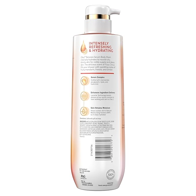 Olay Body Wash for Women, Intensely Hydrating, Pro-Hyaluronic Acid Serum Complex, Renews Moisture, Vitamin B3 Lameller Technology, For All Skin Types, Fizzy Citrus Scent, 20 fl oz