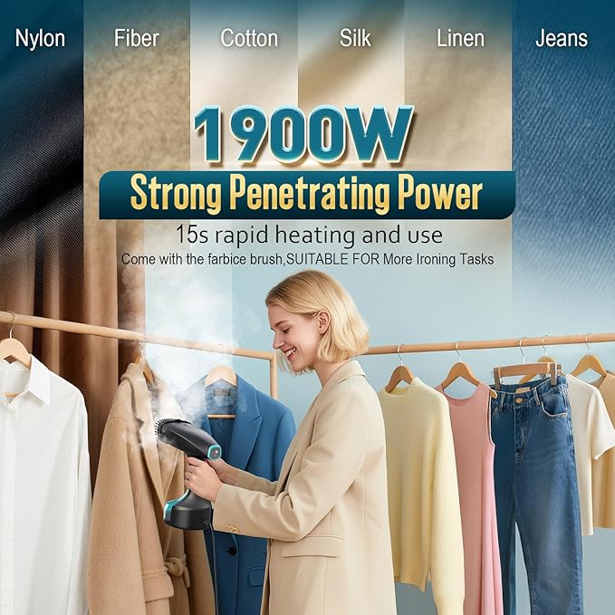 Steamer for Clothes - 1900W Strong Penetrating Steam & Fast Wrinkle Remover Portable Handheld Garment Steamer 3 Steam Settings, Fabric Brush & 300ml Big Capacity, Clothes Steamer Iron for Home Travel