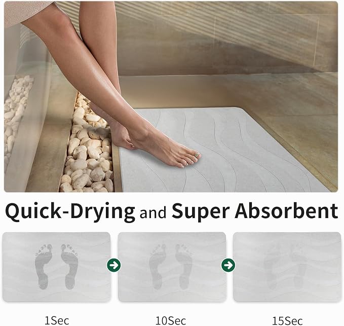 XMarrat Large Stone Bath Mat, 31.5'' x 19.7'' Super Absorbent Diatomaceous Earth Bath Mat Large, Quick Drying Non-Slip Diatomite Stone Bath Mats for Bathroom, Easy to Clean (Light Gray)