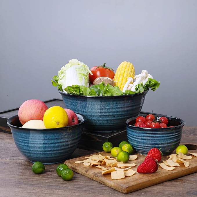 HASENSE Ceramic Mixing Bowls Set for Kitchen, Handmade Serving Dishes for Entertaining, 2.1/1.0/0.5 Qt Deep Microwave Safe Nesting Bowls for Storage and Baking, Blue