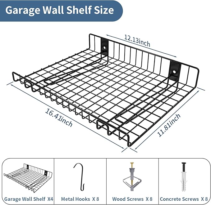 4 Pack Garage Wall Shelf, Wall Mounted Storage Shelves, Heavy Duty Metal Shelves for Room Wall, Loads 160 LBS Floating Shelves Mesh Storage Rack for Garage, Office, Basement,Wall Cabinet and Kitchen