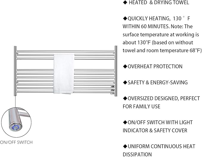 HEATGENE Towel Warmer 10 Bar Towel Dryer Wall-Mounted Plug-in Bath Towel Heater - Mirror Polish