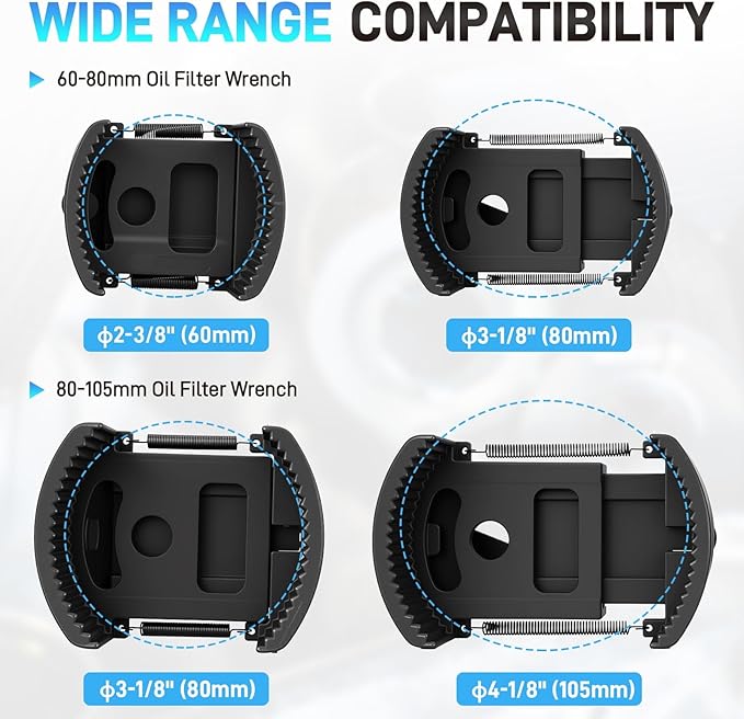2PCS Universal Adjustable Oil Filter Wrench 60-80 mm & 80-105 mm, Oil Filter Removal Tool with Auto-Clamp Spring, 1/2" Drive Cap Wrench Set with Non-Slip Jaws, Fits Small to Heavy Duty Spin-on Filters