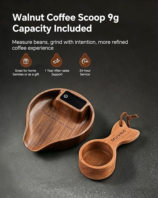 Walnut Coffee Bean Scale & Spoon - Easy Measuring/Dosing Scale Cup with LED Display for Kitchen Weighing, Espresso, Tea, Coffee Lover Gifts