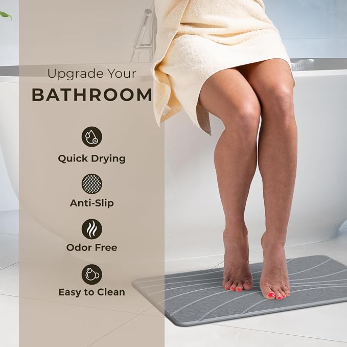 TOSORO - Stone Bath Mat Diatomaceous Earth Shower Mat Non-Slip Super Absorbent Diatomite Stone Bath Mats for Bathroom Floor Quick Drying Natural Easy to Clean (23.5 x 15) - Graphite