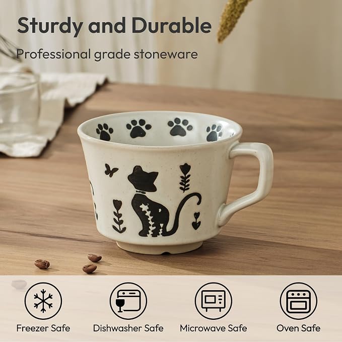 11 oz Ceramic Coffee Mug, Stoneware Teacup with Handle | Small Novelty Unique Cup for Tea Mocha Latte Cappuccino, Microwave Dishwasher Safe (Cat)