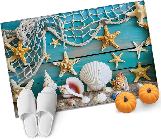 Entryway Rug 2 x 3 Ft, Beach Starfish Indoor Floor Mat for Hallway/Kitchen, Ocean Conch Fishing Net Blue Wood Grain Non Slip Low Pile Bathroom Rugs for Office/Living Room/Home Decor, Small