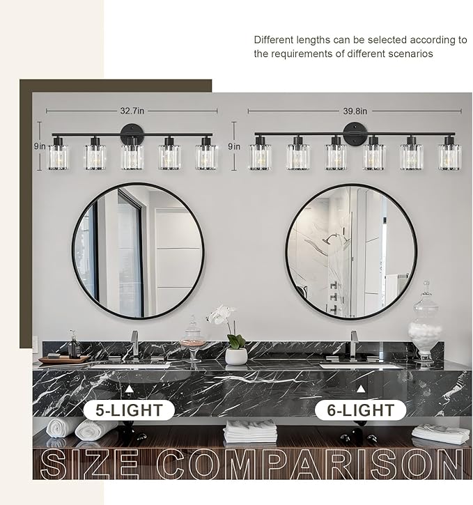 Crystal Bathroom Light Fixtures, Bathroom Lighting Fixtures Over Mirror, Modern Black Gold 5-Light Vanity Lights for Mirror,Restroom, Bedroom (Ceramic E26 Socket,Bulbs Not Include)