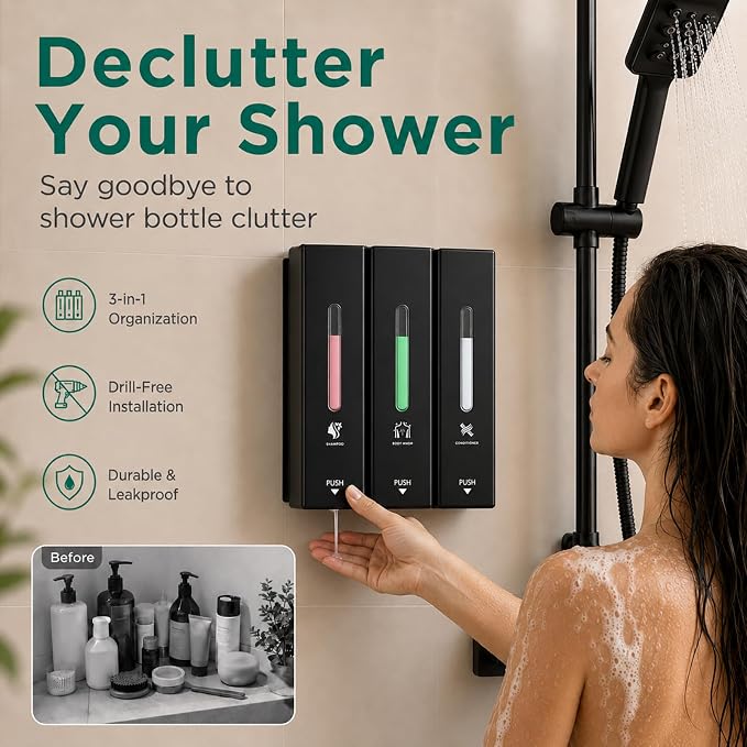 Shampoo and Conditioner Dispenser Wall Mounted, 3-Chamber Shower Soap Dispenser for Bathroom, 1200ML Large Capacity, No-Drill Installation, Clog-Free Pump for Thick Liquids (black-3-pack)