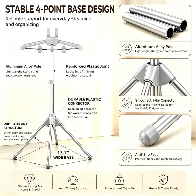 Foldable Steamer Stand – Adjustable Clothes Hanger Rack for Travel | Foldable Steamer Stand with Ironing Gloves, Lint Remover, Storage Bag & Portable Ironing Board – Ideal for home & travel.