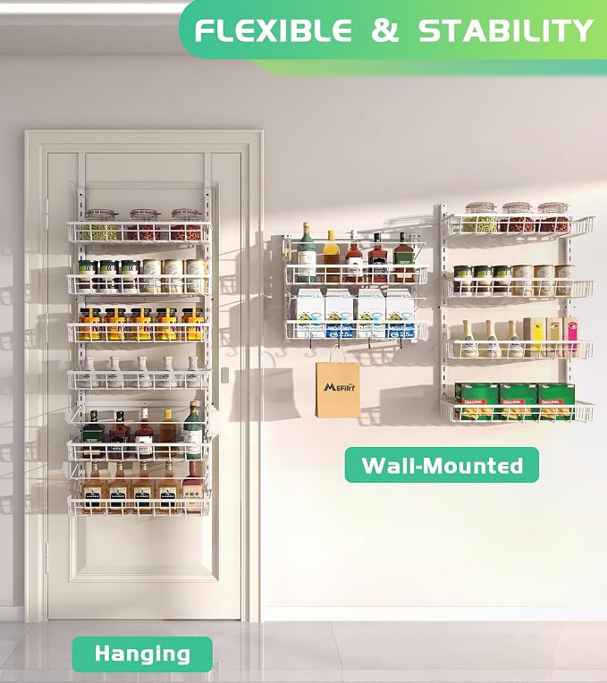 Mefirt Over The Door Pantry Organizer, Wall Mount Spice Rack, Pantry Hanging Storage and Organization, 6 Adjustable Baskets Heavy-Duty Metal for Home & Kitchen, Back of Door Seasoning Rack - White