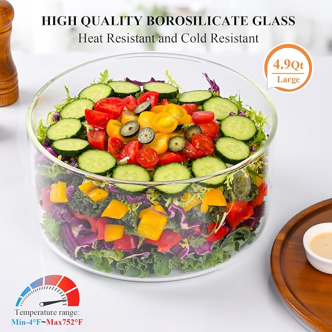 LOVYANXUE 155 oz Large Glass Trifle Bowl with Acacia Wood Lid - Glass Salad Bowl, Versatile Serving Bowls for Cake, Salad, Fruit, Baking, Dessert, Meal Prep, Storing, Microwave & Oven Safe, BPA Free