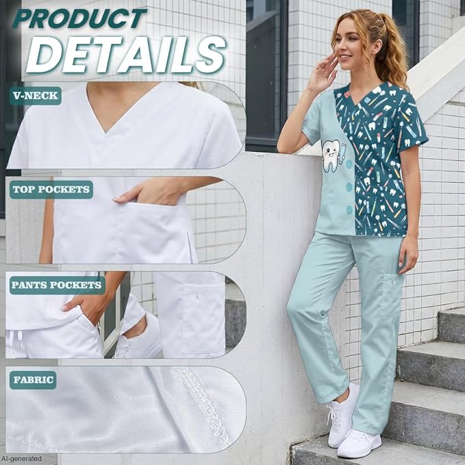 Gomyblomy Women's Scrubs Suit 3-Piece Set | Teeth Print V-Neck Top & Pants & Cap, Breathable and Stretch Fabric, S-5XL