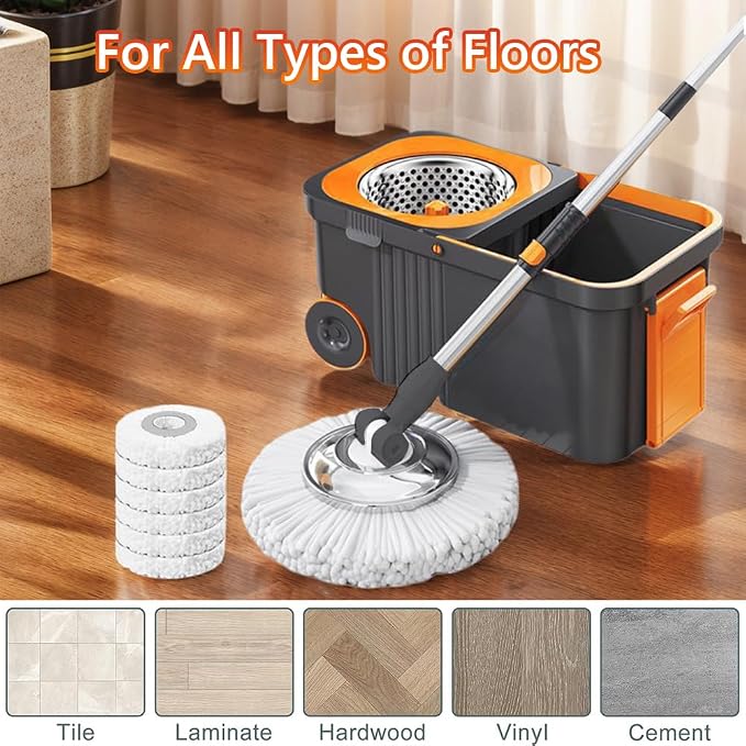 Household Cleaning Automatic with 6 Replacement Head Refills Extended Handle Hand-Free Automatic Dehydration Mop Cleaning with Bucket for Household Floor Cleaning (Grey Orange)