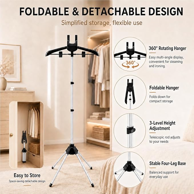 Garment Steamer Stand Set for Handheld Steamers, 33-63 Inch | Metal stand with 360 rotating hanger for shirts, suits and graduation gowns; includes 2 pads, 2 lint removers and 2 bags