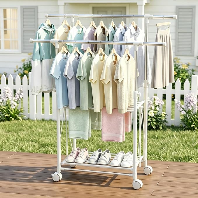 Clothes Drying Rack Foldable，Height & Length Adjustable Drying Rack | Large Drying Rack with 2-Tier Long Pole，Bedding，Lothing，Space Saving Drying Rack Clothing for Apartment，Balcony, White
