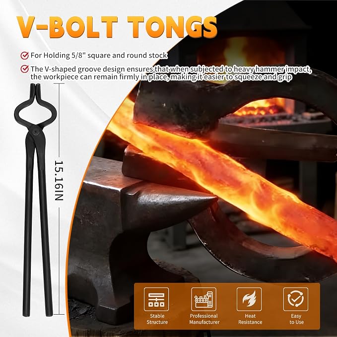 Blacksmith Tongs Set 5PC: Wolf Jaw Tongs, V-Bit Bolt, Flat, Blade, Square Jaw; Blacksmith Tools Set for Knife Making Forge Tongs, High-Strength Forged Steel for Blacksmith & Bladesmiths