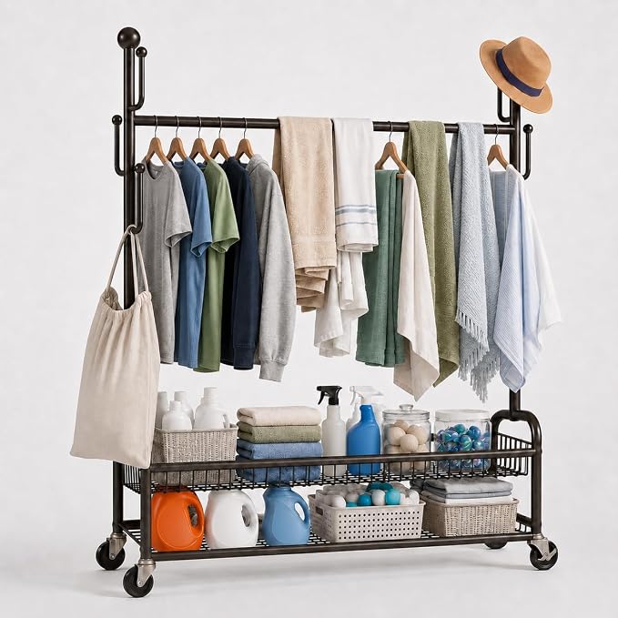 Rolling Clothes Drying Rack with Lockable Wheels, Heavy Duty Metal Laundry Drying Rack with 5 Hooks and 2-Tier Drying Shelves, Drying Rack Clothing for Indoor and Outdoor Use