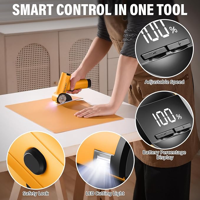 Cordless Electric Scissors, Rechargeable Rotary Cardboard Cutter with LED Light & Safety Lock, 4-Speed Adjustable, 3 Blades for Fabric, Carpet, Leather & Carton, with Storage Case(yellow)