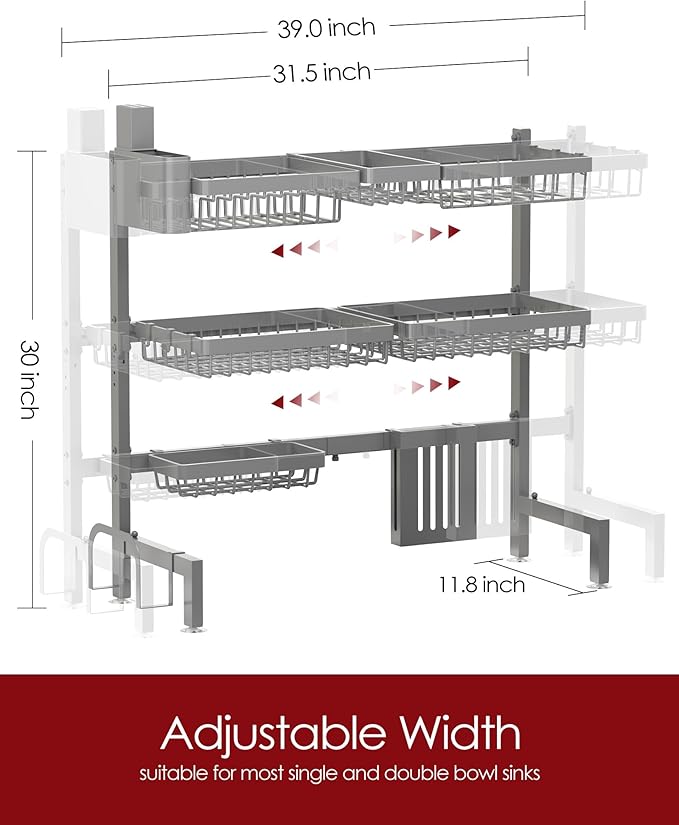 Sakugi Dish Drying Rack Over The Sink, Dish Drainer for Kitchen Counter | Stainless Steel Storage Organizer with Utensil Knife Holder & Hooks, Adjustable 11.8"Dx31.5"~39"Wx30"H, Grey