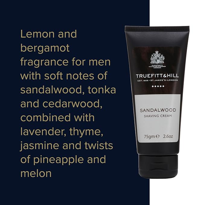 Truefitt & Hill Sandalwood Shaving Cream Tube for Men, Fresh Classic scent, 2.6 oz.