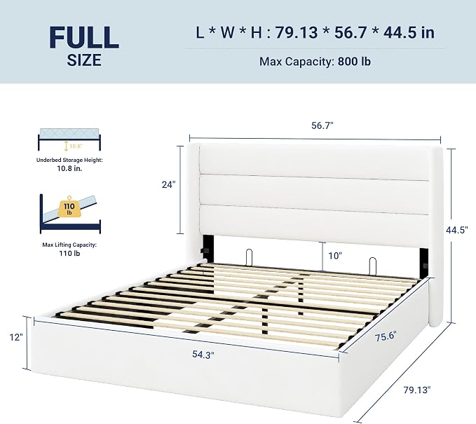 Allewie Full Size Lift Up Hydraulic Storage Bed Frame White | Modern Wingback Headboard, Hydraulic Support Storage, No Box Spring Needed