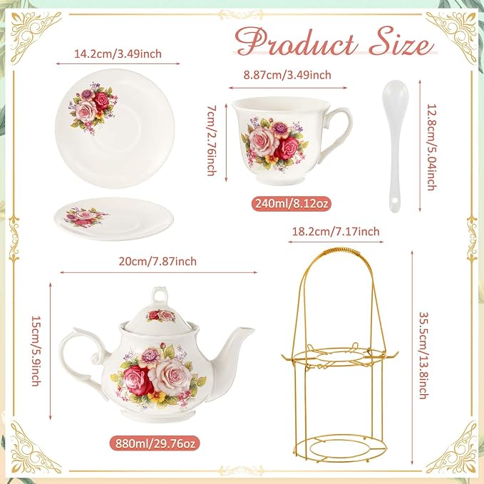 Zhehao 20 Pcs Porcelain Tea Set with Metal Holder and Spoon Adult Ceramic Tea Set European Flower Painting Teapot Cup Saucer Spoon for Women Mom Gift, Large Version (Modern Style)