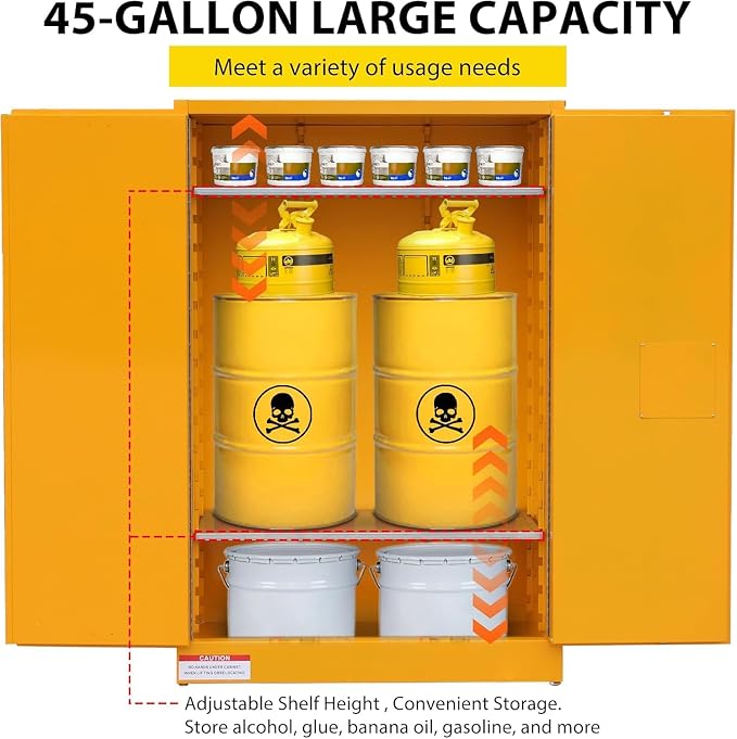 Flammable Storage Cabinet 43" x 18" x 65", 45 Gallon Galvanized Steel Flammable Liquid Storage Locker with 2 Adjustable Shelves & Manual-Close Doors, OSHA Compliant Industrial Hazardous Storage, Yell
