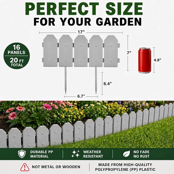 Garden Border Edging: Wooden Grain Fence Dog Ear Design - Landscaping Fence Liner Lawn Edge Barrier - Decorative Lawn Landscape Panels Elements -Landscaping Edging (Gray, 10ft.)