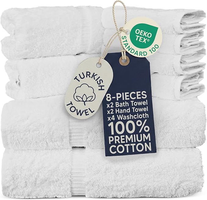 Towel Bazaar 8-Piece Towel Set, 100% Premium Cotton Turkish Towels,Luxury Towel Super Soft and Absorbent, Perfect Use for Bathroom, Shower Towels - White