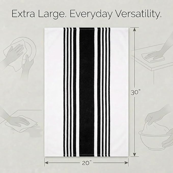 Urban Villa Kitchen Towels 100% Cotton Dish Towels for Kitchen (Set of 6)20”x30” Dish Cloths Highly Absorbent Kitchen Linen Set with Hanging Loop Perfect for Drying Dishes Cleaning Towels-Black White