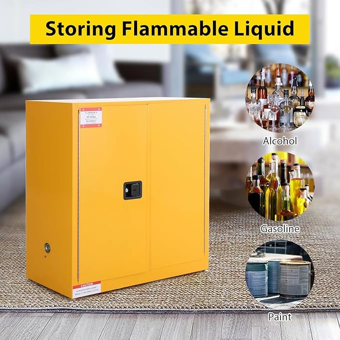 Flammable Storage Cabinet 43" x 18" x 44", 30 Gallon Galvanized Steel Flammable Liquid Storage Locker with Adjustable Shelves & Manual-Close Doors, OSHA Compliant Hazardous Material Cabinet, Yellow