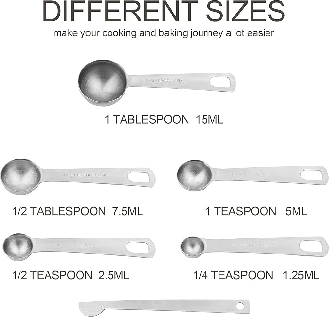 Stainless Steel Measuring Cups and Spoons Set, 18/8(304) Steel Material Heavy Duty 5 Measuring cups and 5 Measuring Spoons 1 Leveler and 2 rings Pack 13pcs Per set