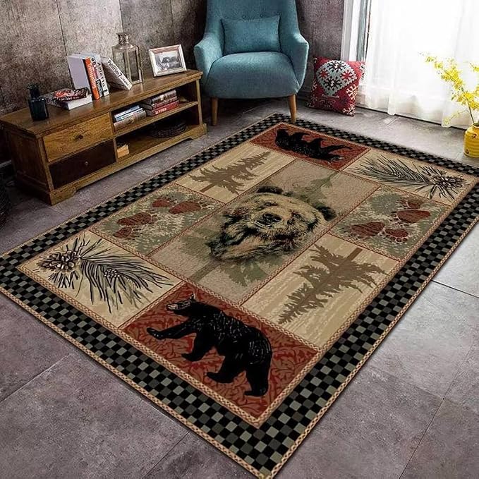 Rustic Lodge Cabin Bear Rugs for Living Room Non-Slip Vintage Design Carpet Balcony Decor Western Wildlife Style Throw Rug Pine Cone Mats 6'x9'