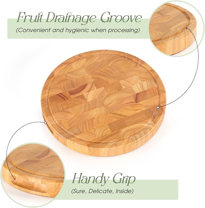 End Grain Cutting Board, Extra Large & Thick, End Grain Built-In Compartment and Juice Canal, Heavy Duty Chopping Board, Thick Carving Board for Bread Fruits Meat (13x13 Inches)