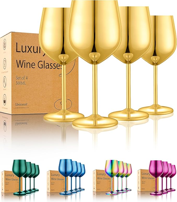UNISWEET Unbreakable Stainless Steel Wine Glasses Set of 4, Gold | 17oz Unique Fancy Metal Wine Goblets, Shatterproof, Ideal for Outdoor, Camping, Travel, Pool, Great Gift for Wine Lovers