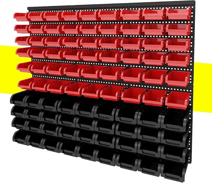90Pcs Plastic Wall Mounted Storage Bins Parts Rack Nuts And Bolt Bins Organizer For Shop Garage for Screws, Nuts, Bolts, Nails, Beads, and Small Hardware Parts(RED+BLACK, 90)